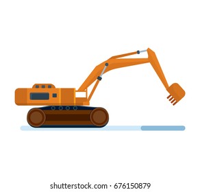 Modern construction machinery. Industrial excavator on a construction site. Technics and equipment. Heavy machinery object. Vector illustration on white background.