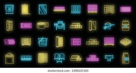 Iconos modernos de materiales de construcción. Conjunto de esquemas de materiales de construcción modernos iconos vectoriales color de neón sobre negro