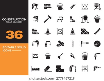 Modern construction repair solid icons pack illustrating industrial tools maintenance services renovation workflow and engineering equipment concepts efficiently