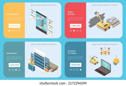 Modern construction technologies 2x2 design concept with robot builder and bim modeling landing pages isometric vector illustration