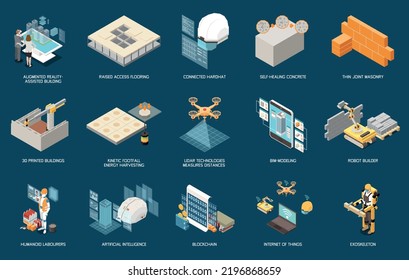 Modern construction technologies including 3d printed building thin joint masonry kinetic footfall energy harvesting isometric compositions isolated vector illustration