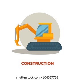 Modern construction technologies promotion banner. Big orange excavator machine in grey circle with shadow isolated on white background with sign. Building company label vector illustration.