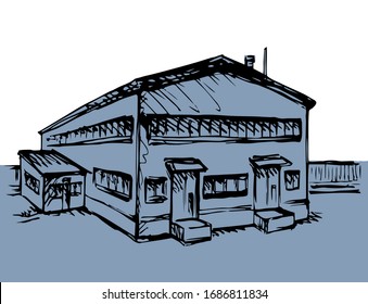 Modern consume retail depot load center gate station area base. White outside sky. Line hand drawn deliver mall plan sign logo design sketch. Modern art graphic cartoon vector style paper text space