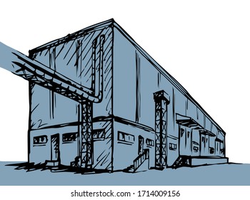 Modern consume retail depot load center gate station area base. White outside sky. Line hand drawn deliver mall plan sign logo design sketch. Modern art graphic cartoon vector style paper text space