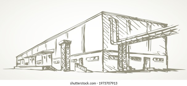 Modern consume retail depot load center gate station area base. White outside sky. Line hand drawn deliver mall plan sign logo design sketch. Modern art graphic cartoon vector style paper text space