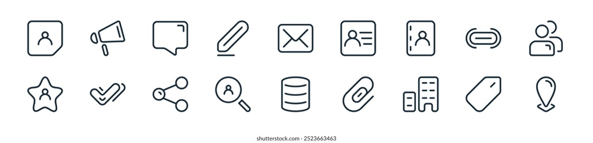 modernes Kontakt-Icon-Paket. ideal für lineare UI-Designs mit Vektoradresse, Label, Büro, Attached, Backup, Suche, Freigabe und mehr Symbolen für mobile und Web-Apps.