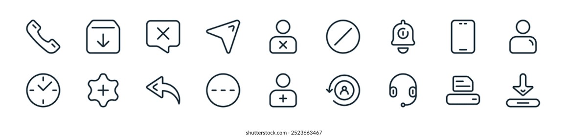 pacote de ícones de contato moderno. perfeito para projetos de interface de usuário linear com importação de vetor, fax, serviço ao cliente, histórico, adicionar contato, mais, resposta e mais ícones para aplicativos móveis e da web.