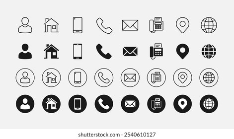 Ícones de contato modernos para empresas, incluindo ícones de telefone, email, endereço e mídias sociais. Design mínimo e redondo com um estilo contemporâneo para uma comunicação eficaz.