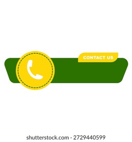 Modern contact us button or banner with a telephone receiver icon on a yellow circle and green background. Ideal for web design, apps, customer service, and business communication.