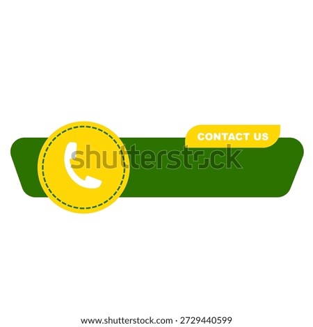 Modern contact us button or banner with a telephone receiver icon on a yellow circle and green background. Ideal for web design, apps, customer service, and business communication.