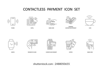 Modern Contactless Payment Icons: Contactless Phone, Contactless Hotel, Contactless Bank Card.