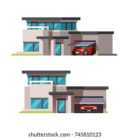 Modern contemporary architecture style mansion building. House with car. Opening garage door. Facade front and side view. Flat style vector illustration isolated on white background.