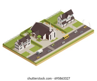 Modern contemporary catholic church white stone building with parking lot and neighboring houses isometric composition vector illustration 