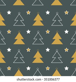 Modern contemporary Christmas seamless pattern wallpaper with golden, silver outline and white pine trees and star decorations on dark background