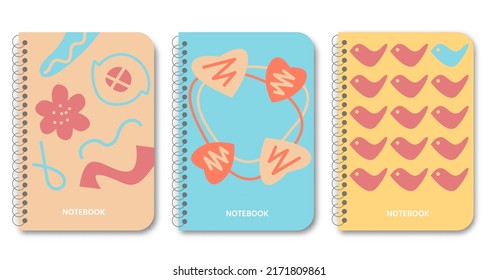 Fundas contemporáneas modernas con sombra. Corazón, pájaro, abstracto, formas inusuales y objetos florales. Para el diseño de libros, folletos, cuadernos, planificadores y catálogos. Ilustración vectorial.