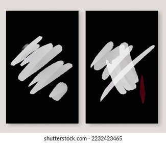Modern contemporary creative artwork with white acrylic abstract shape on black background. Hand drawn various elements for print, poster, wall art, textile, gallery pattern, cover, banner. Vector
