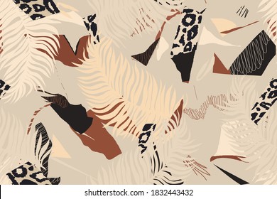 Modern contemporary exotic pattern with leopard skin. Creative collage seamless pattern. Fashionable template for design.