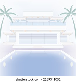 Modern contemporary home. White house with flat roof, glass balcony and blinds in tropical setting. Luxury estate with swimming pool and palm trees. Summer, pastel tones. Real estate and travel icon. 