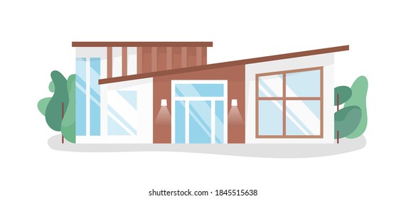 Modern contemporary house design. Simple and minimalist cottage with large french windows. Stylish residential building exterior. Flat vector cartoon illustration isolated on white background