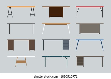 Modern, contemporary, loft, cartoon flat style business office table vector illustration set. Wooden, empty, stylish front view desk workplace icon collection on gray