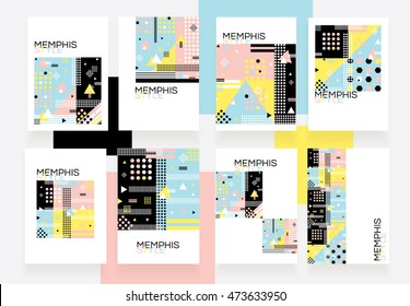 Modern contemporary memphis style brochure templates with colorful geometric patterns