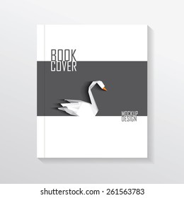 modern contemporary minimalistic black and white book cover mockup design with white origami swan in low poly style