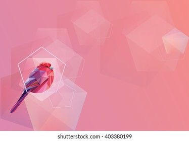 Modern contemporary pink wallpaper with abstract geometric polygonal shapes and bird decoration