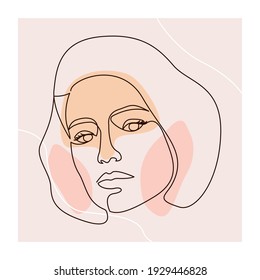 Modern contemporary portrait. Surreal face in one line art. Vector portrait one line art.  Girl in minimal line style  looks to the right full face. Editable stroke.  For logo, cosmetic services