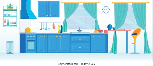Moderna cocina moderna y técnicamente equipada con utensilios de cocina y mostrador de mesa o bar y alta silla. La Gente Moderna Y Confortable Vivienda. Ilustración de vectores planos de dibujos animados.
