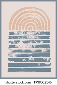 Modern contemporary  wall art, background, poster design. Sun and sea concept. Hand drawn brush strokes, waves, rainbow, ocean.  Minimal style.