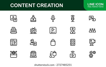 Modern Content Creation Line Icon Set Symbols in Minimal Outline Style, Creative Vector Icons