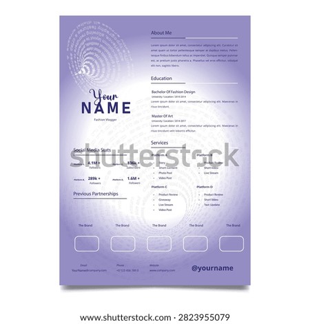 Modern Content Creator Resume CV Template with Digital Portfolio and Professional Layout. Modern and professional content creator resume CV template featuring a clean and well-structured layout for digital portfolios and career presentations. Includes dedicated sections for profile summary, contact information, education, work experience, services, audience statistics, partnership highlights, and professional skills. Fully editable A4 template designed for content creators, fashion bloggers, digital marketers, freelancers, creative professionals, and personal branding.