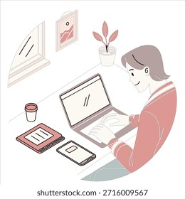 Creador de contenido moderno que trabaja en un escritorio minimalista con una computadora portátil y un teléfono inteligente, concepto de marketing de redes sociales, espacio de trabajo brillante con luz natural suave, profundidad de campo poco profunda
