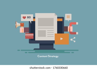 Modern content marketing, Content strategy development, Digital marketing mix - conceptual vector retro style illustration