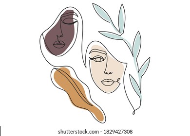 Modern continuous art poster with women's faces and leaves in earthy colors. Black and white women one line vector illustration. Friendship, sisterhood or feminism concept where women support women.