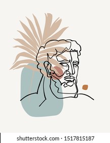 Modern continuous line art of ancient greek god statue with geometric shapes, palm leaf. Hand drawn illustration for hipster fashion t-shirt design, printing, posters, invitations, leaflets. Vector