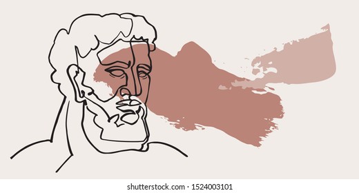 Modern continuous line art of ancient greek god statue with grunge textured brush strokes. Hand drawn illustration for hipster fashion design, banners, printing, posters, invitations, leaflets. Vector