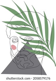 Modern continuous line art of ancient greek god statue with geometric shapes, palm leaf. Hand drawn illustration for hipster fashion t-shirt design, printing, posters, invitations, leaflets. Vector