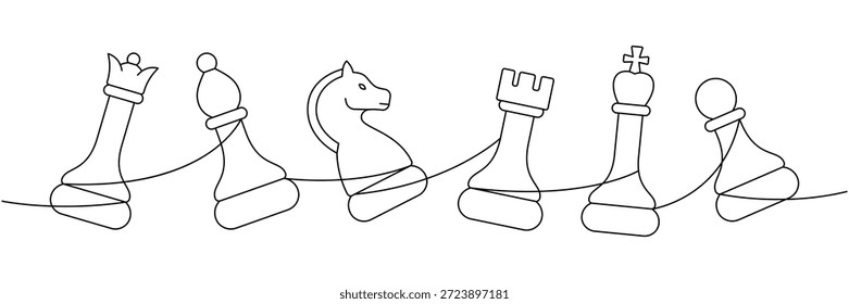 Modern continuous line art with chess pieces queen, pawn, knight, rook, king in a flowing minimalist composition