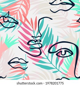 Modern continuous line art faces, triangles, palm leaves seamless pattern. Hand drawn geometric portraits illustration in memphis style for fashion design, printing, textile, fabric, wallpaper. Vector