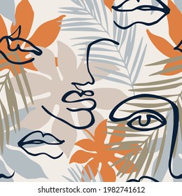 Modern continuous line art faces, tropical leaves seamless pattern. Hand drawn minimal portrait illustration in memphis style for fashion design, printing, textile, fabric, swimwear, wallpaper. Vector