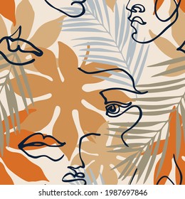 Rostros de arte continuo moderno, hojas tropicales sin costura. Ilustración de retrato de mano mínima en estilo memphis para diseño de moda, impresión, textil, tela, ropa de baño, papel de pared. Vector