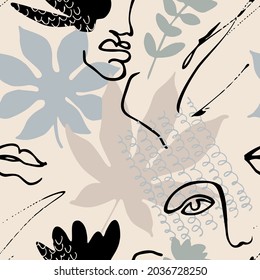 Modern continuous line art faces, brushstroke, doodle, florals patterns. Hand-drawn portraits illustration in cubism style for fashion design, printing, textile, fabric, wallpaper. Vector art