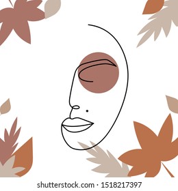 Modern continuous line art poster in warm colour palette. Abstract portrait of a woman in minimalist style. Vector illustration for mobile case, t-shirt, home decor, textile, bags and clothes