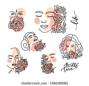 Moderna línea de arte continuo de la cara de la mujer con formas geométricas con flores. Ilustración lineal dibujada a mano para el diseño de moda, camiseta, afiche, cubierta, decoración del hogar, dibujo de una línea vectorial