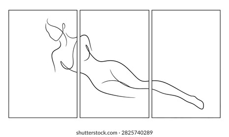 A modern, continuous line drawing depicts a reclining female figure across three panels.