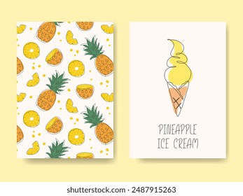 Modern continuous line drawn Pineapple ice cream background. Cute doodle tropical dessert cone. Summer holiday symbol. Template for poster, card, flyer, package, menu design
