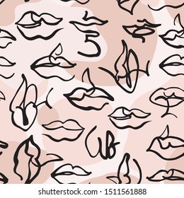 Modern continuous one line art in cubism style with geometric shapes. Hand drawn geometrical lips illustration for fashion design, printing, textile, fabric, wallpaper. Vector concept art