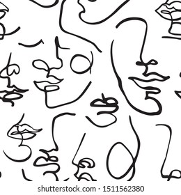 Modern continuous one line art in cubism minimal style with geometric shapes. Hand drawn human portraits illustration for fashion design, printing, textile, fabric, wallpaper. Vector concept art