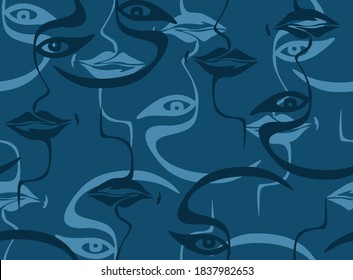 Arte continuo moderno de una línea en estilo cubismo con formas geométricas. Retratos geométricos dibujados a mano para diseño de moda, impresión, textil, tela, papel pintado. Arte de concepto de vector